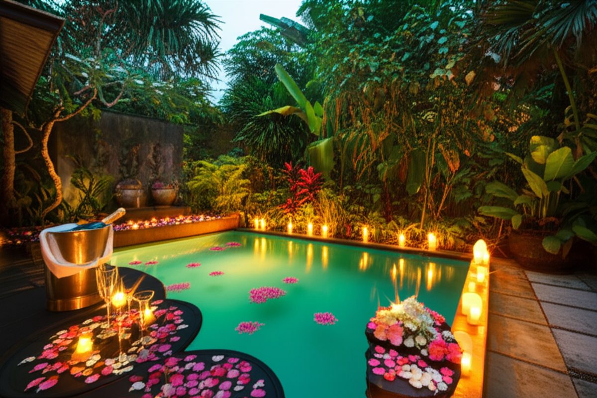 Romantic honeymoon villa in Bali with private pool and flower decoration